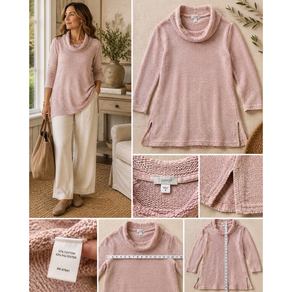 Pure Jill J.Jill Women M Blush Pink Cowl Neck Tunic Sweater Cotton Marled Knit